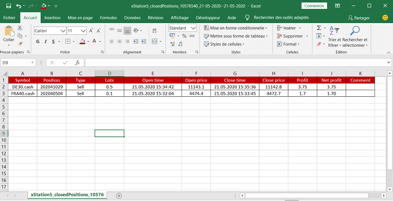 Export des résultats XTB au format Excel