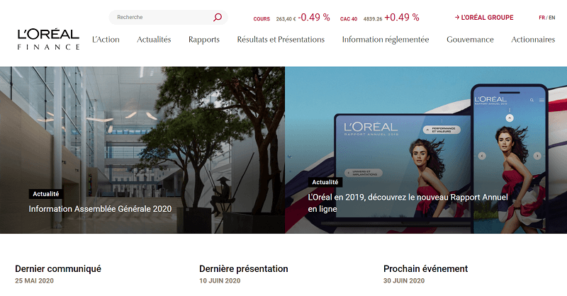 Page d'accueil de la partie investisseur du site de l'Oréal