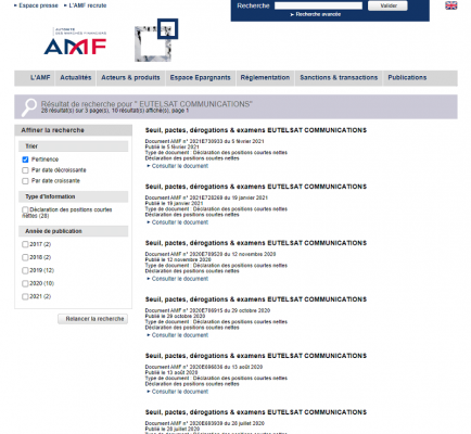 Les résultats suite à une recherche des positions courtes nettes sur l'action Eutelsat sur le site de l'AMF