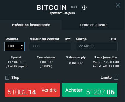 Ticket d'ordres qui montre les frais de swap sur le Bitcoin chez XTB