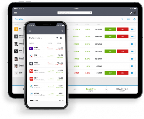 Visuel de la plateforme de trading eToro sur mobile et tablette