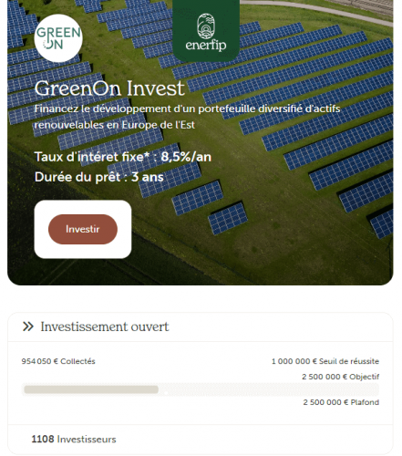 Capture d'écran de la fiche détaillée du projet GreenOn Invest sur Enerfip