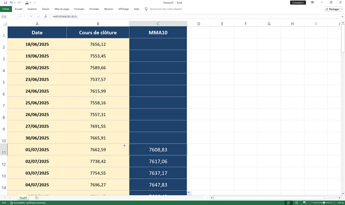 Calculer la Moyenne mobile simple dans Excel