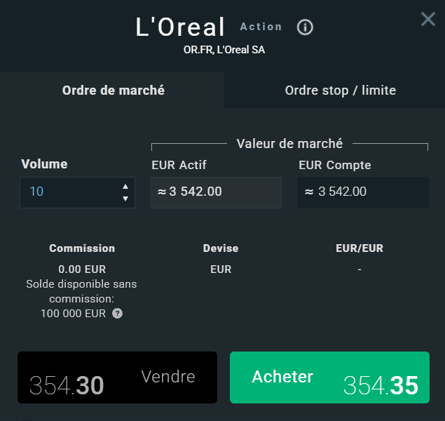 Acheter des actions L'Oreal avec un ordre au marché