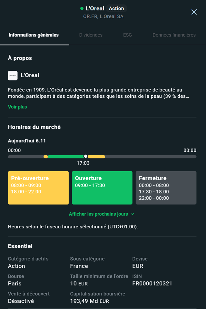 Données financières de l'action L'Oreal sur xStation 5