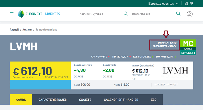 Recherche d'une entreprise cotée par le code ISIN sur Euronext Paris