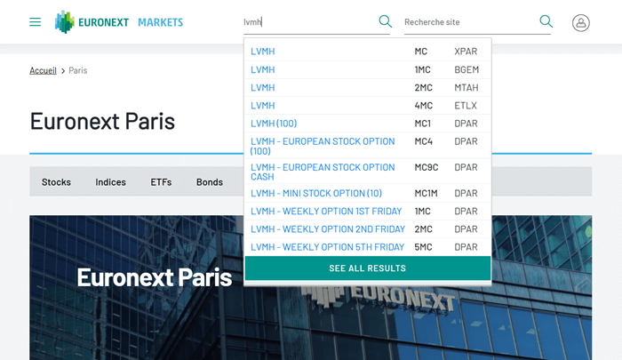 Recherche d'une entreprise cotée par son nom sur Euronext Paris