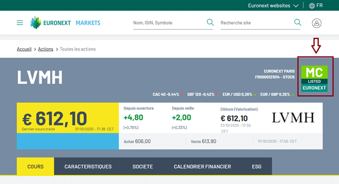 Recherche d'une entreprise cotée par son ticker sur Euronext Paris