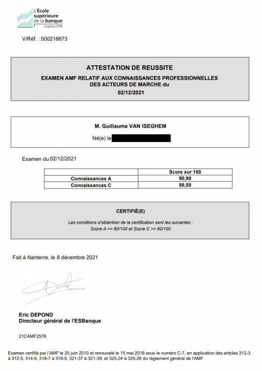 Mon attestation de réussite à la certification AMF
